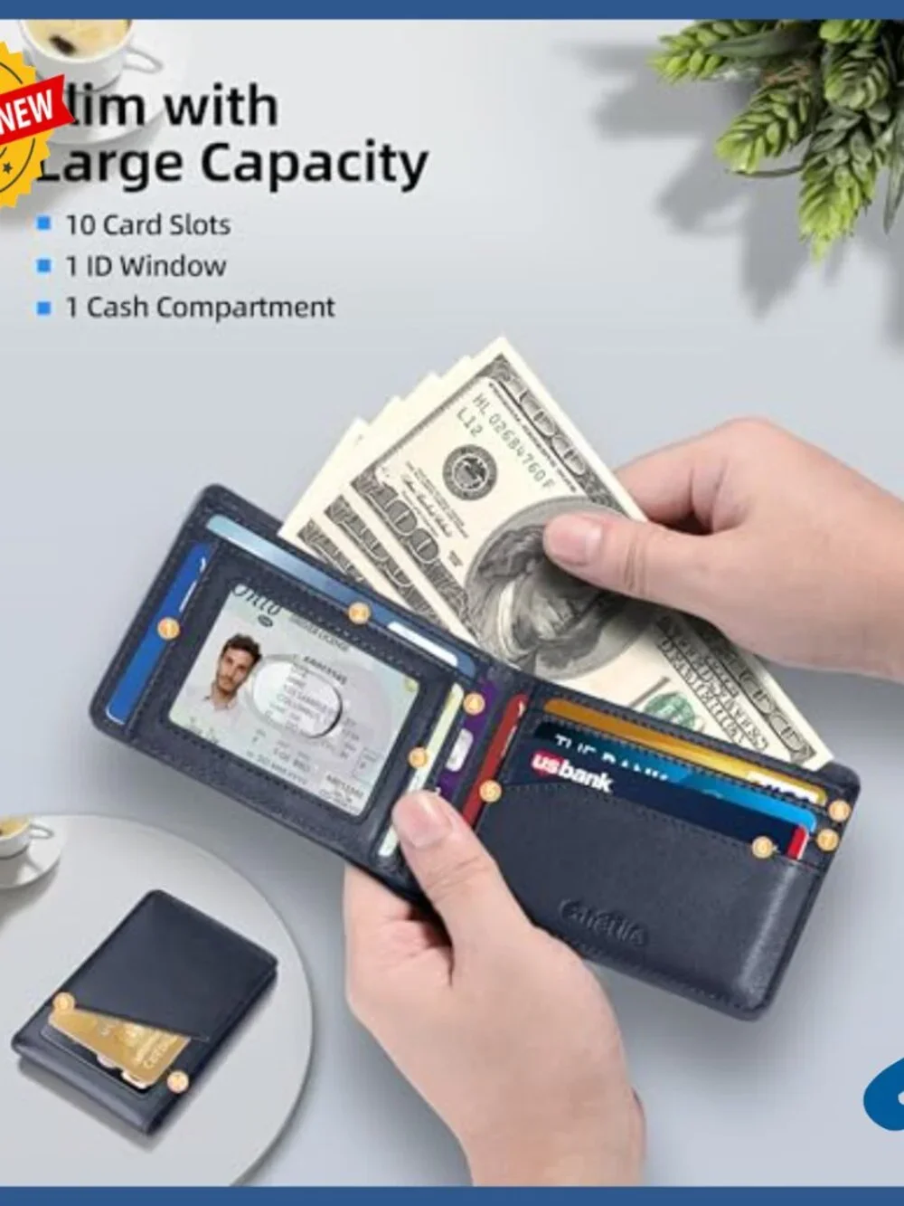 Genuine Leather Bifold Wallet with Apple Find My Tracker, RFID Blocking